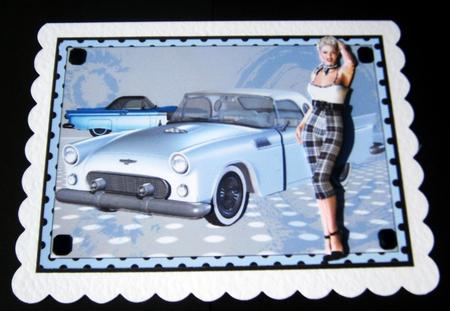 Blonde 1950s Lady and Her Blue T-bird Car Decoupage by Bernie Mclaughlin