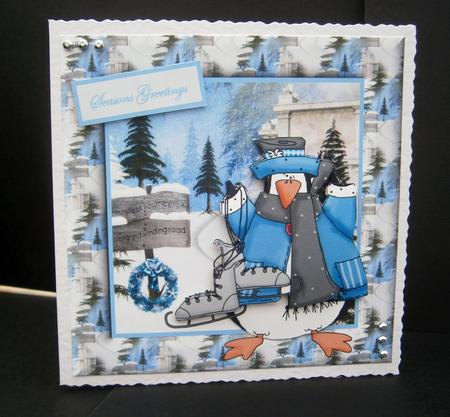 Penguin Going Skating Card with Decoupage by Bernie Mclaughlin