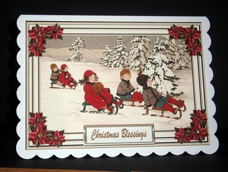 Sledging in the Snow Decoupage Card Front by Bernie Mclaughlin