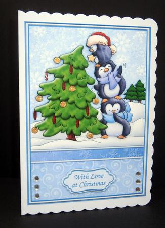 Penguin Fun Decorating Christmas Tree Card Topper Decoupage by Bernie Mclaughlin
