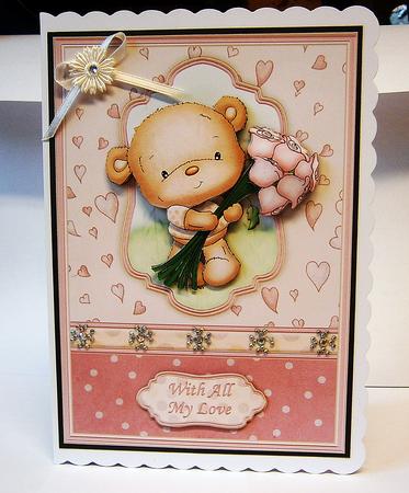 Teddy & Rose Card Topper & Decoupage by Bernie Mclaughlin