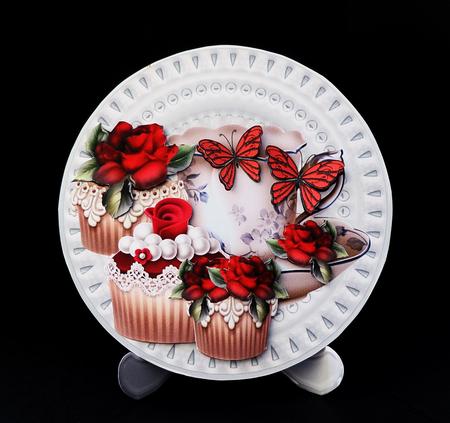 Porcelain Plate&stand Red Roses and Butterflies Cupcakes by Bernie Mclaughlin