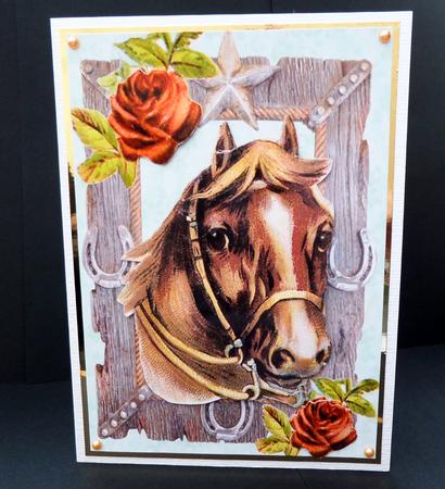 Brown Horse in Ornate Frame with Red Roses by Bernie Mclaughlin