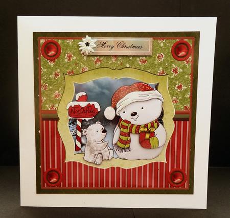 Snowman and Teddy Bear Friend 7x7 Card with Decoupage by Bernie Mclaughlin