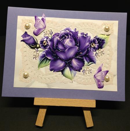 Purple Roses on Vintage Lace with Butterflies and Pearls by Bettina Keis Jensen