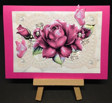 Pink Roses on Vintage Lace with Pearls by Bettina Keis Jensen
