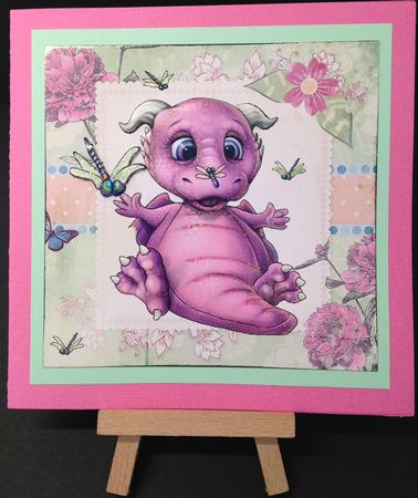 Pink Dragon with Flowers and Dragonflies 8x8 by Bettina Keis Jensen