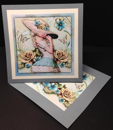 Beautiful Lady in Silky Dress with Soft Roses Card Front by Bettina Keis Jensen