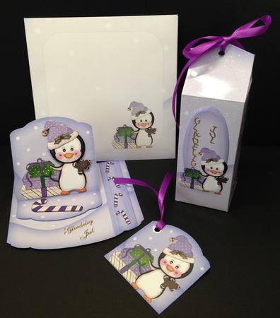 Purple Penguin Christmas Easel Topper Card Kit by Bettina Keis Jensen