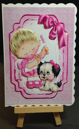 Pretty in Pink Little Girl with Her Puppy on Lace by Bettina Keis Jensen