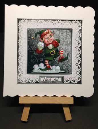6 x 6 Christmas Elf Lace & Pearls Decoupage Card Topper by Bettina Keis Jensen