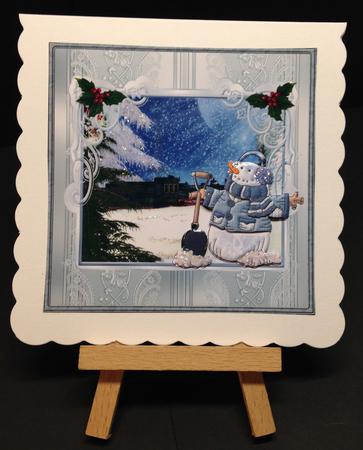 Snowman Watches a Train Card with Decoupage by Bettina Keis Jensen