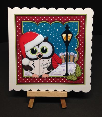 8x8 Xmas Carol Singing Little Hoot Owl 3D Decoupage by Bettina Keis Jensen