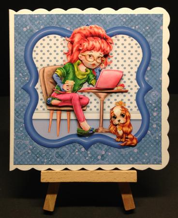 6" x 6" Computer Girl with Decoupage Card Topper by Bettina Keis Jensen
