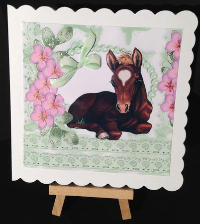 Pretty Foal with Pink Flowers, Pearls and Lace 8x8 by Bettina Keis Jensen