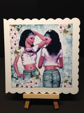 Pretty Girl Posing in Turq Headband, Jeans & Flowers 8x8 by Bettina Keis Jensen