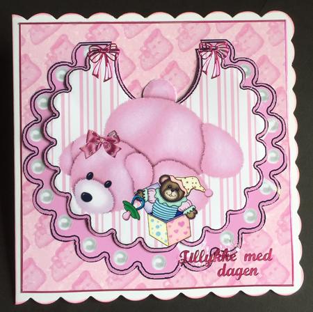 Pink Bear with Jack in a Box on Striped Bib by Bettina Keis Jensen