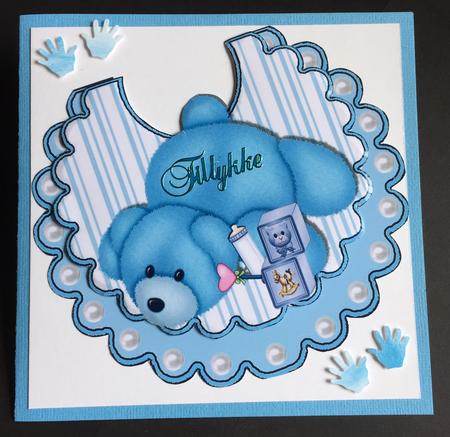 Blue Bear with Building Blocks on Striped Bib by Bettina Keis Jensen