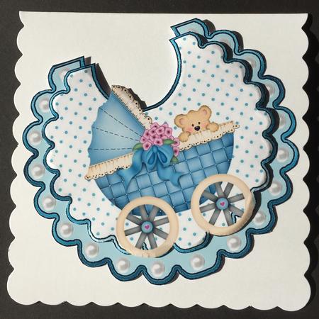 Peek a Boo Teddy with Baby Boys Pram Blue Polkadot Bib by Bettina Keis Jensen
