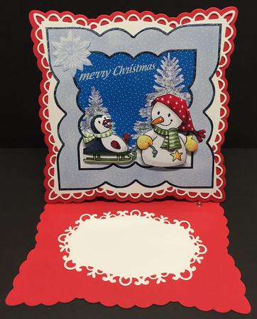 Penguin Sledging with the Snowman 7x7 Card with Decoupage by Bettina Keis Jensen