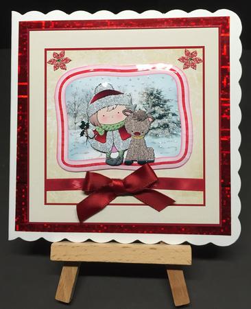Girl and a Reindeer 7x7 Card with Decoupage by Bettina Keis Jensen
