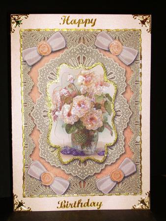 Peach Roses A5 Lace Bracket Card Front Step by Step by Betty Aldred