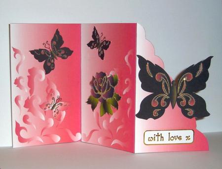 Black Butterfly Wavy Edge Cut & Fold Tri-shutter Card by Betty Aldred