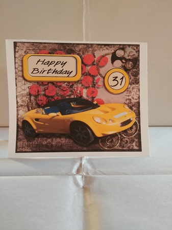 Grunge Yellow Sports Car Male Age Birthday Square Card Topper 29, 30. 31 by Betty Tousignant