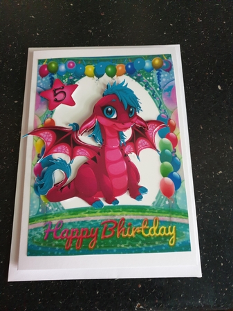 Cute pink Dragon in birthday balloon frame A5 by Beverley Cook