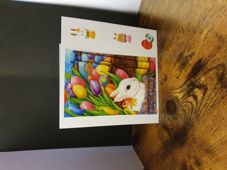 Cute white bunny with tulips pyramids by Beverley Cook
