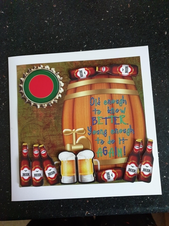 Old enough to know better beer themed card front by Beverley Cook