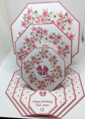 Pink floral octagonal triple easel card with matching envelope. by Beverley Hassell