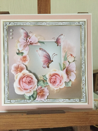 Pink rose and butterfly 7.5x7.5 card with decoupage and sentiment tags by Beverley Hazelgrave