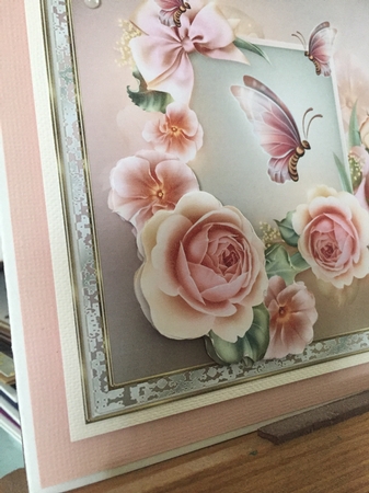 Pink rose and butterfly 7.5x7.5 card with decoupage and sentiment tags by Beverley Hazelgrave