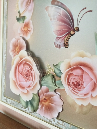 Pink rose and butterfly 7.5x7.5 card with decoupage and sentiment tags by Beverley Hazelgrave
