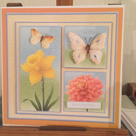 Daffodil, dahlia and butterfly 7x7 by Beverley Hazelgrave