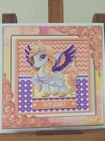 Unicorn - Best Wishes - Orange & Purple Card Topper by Beverley Hazelgrave