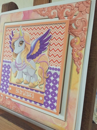 Unicorn - Best Wishes - Orange & Purple Card Topper by Beverley Hazelgrave