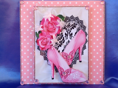 Pretty Pink Sparkle Shoes on Black Lace Heart by Beverley Pleasants