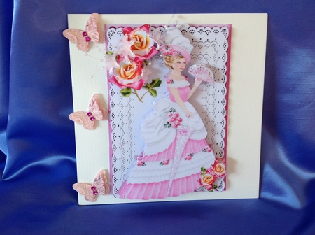 Pretty vintage lady on lace  in pink with roses, A4 by Beverley Pleasants