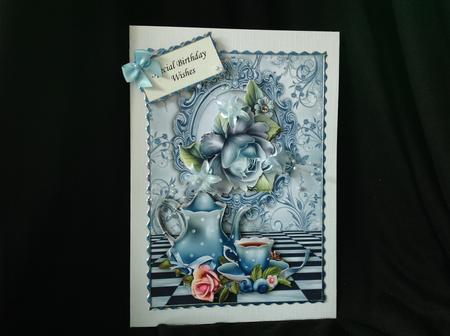 Blue Roses with Teapot and Cup in Ornate Frame by Beverley Pleasants