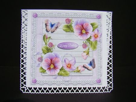 Beautiful Lilac Pansys With Butterflies 8x8 by Beverly Carmichael