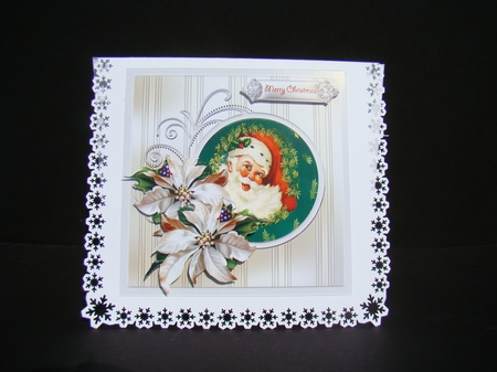 Vintage Santa Clause 7x7 card with decoupage and sentiment tags by Beverly Carmichael