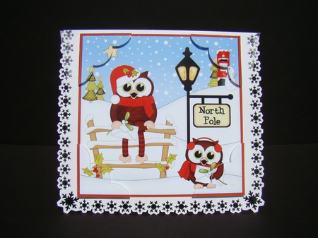 8 x 8 Christmas at the North Pole Little Hoot Owls Post their Cards Scalloped Corner Topper by Beverly Carmichael