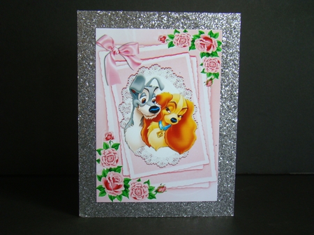cute dogs on lace with pink roses & bow A4 by Beverly Carmichael