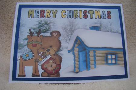 Teddy with Reindeer in the Snow with Cottage A4 by Beverly Carmichael