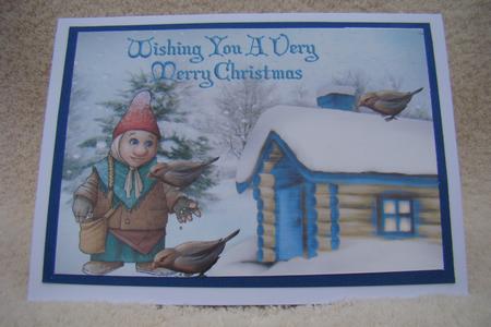 Gnome Feeding Birds with Cottage A4 by Beverly Carmichael