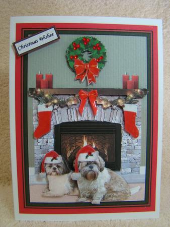 Shih Tzu Christmas Fire Place Scene by Beverly Carmichael