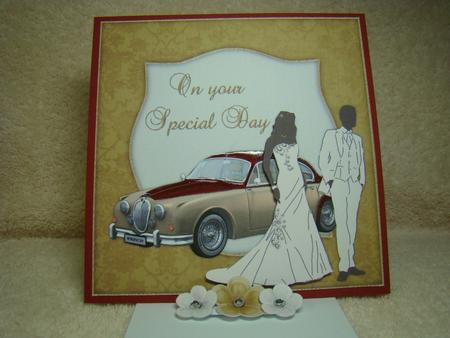Beautiful Bride & Groom with Vintage Car 8x8 Quick Card by Beverly Carmichael