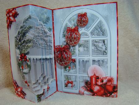 A Christmas Window with Red Decorations Fold Card by Beverly Carmichael